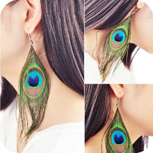 Load image into Gallery viewer, Peacock Feather Dangle Earrings